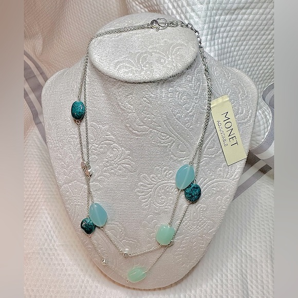 MONET Double Stranded Beaded Necklace with Silver Toned Chain - Picture 1 of 12